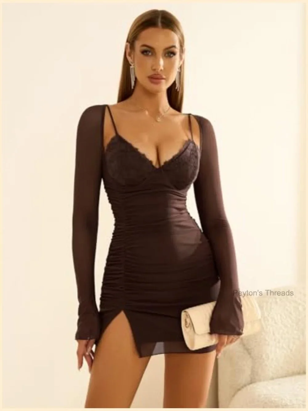 Long Sleeve V Neck Bodycon Ruched Mini Dress Club Party Going Out - Picture 2 of 7